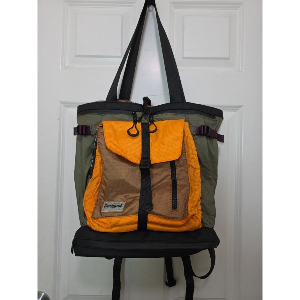 Desigual Convertible Backpack Tote Bag Green Orange Hiking Ripstop Multi-Way - Picture 13 of 13